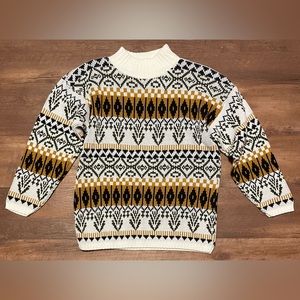 Vintage 80s Croquet retro thick knit high neck sweater black tan cream medium M